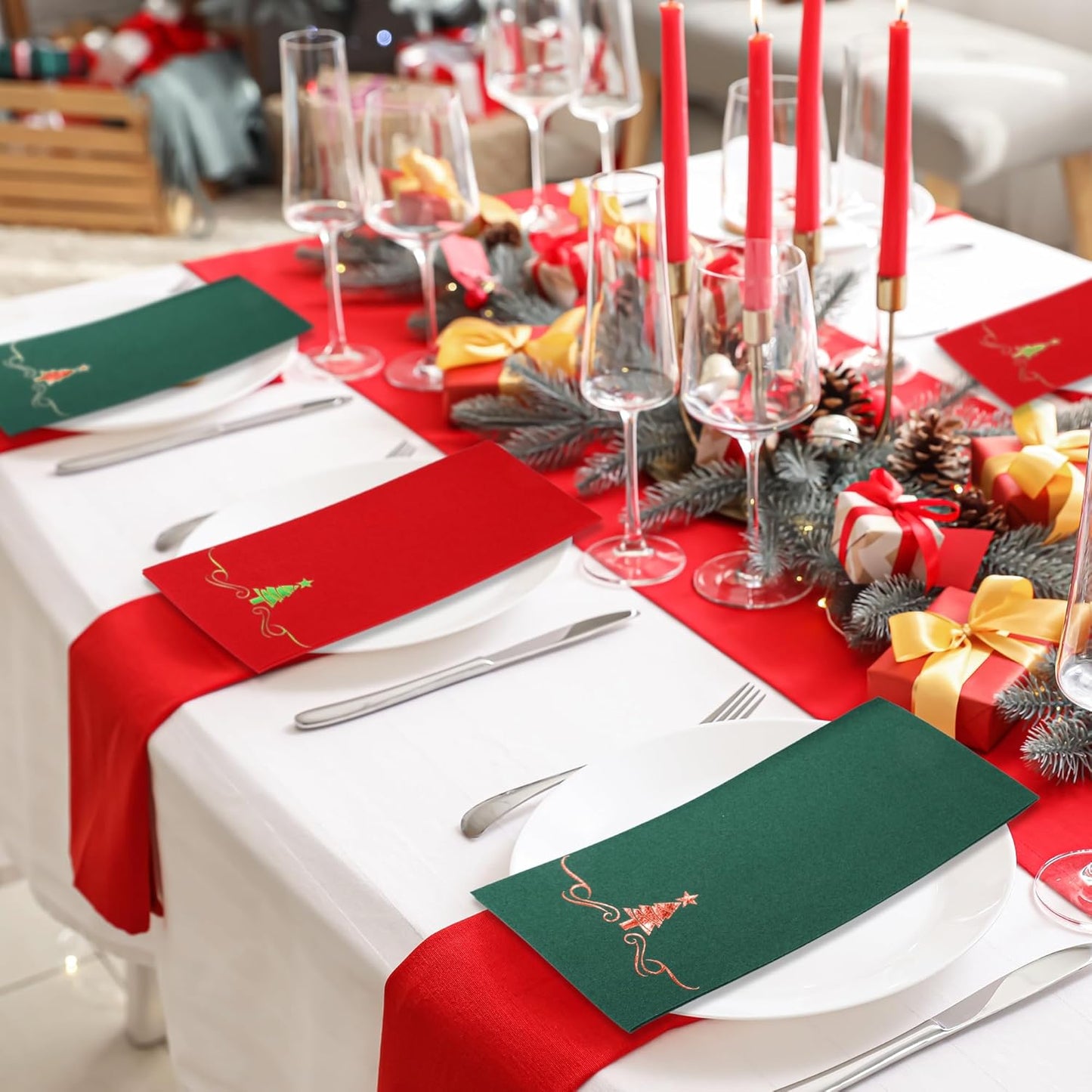 100 Pack Christmas Disposable Guest Napkins 12 x 17 Inch Red and Green Foil Christmas Trees Napkins Xmas Tree Hand Towels for Bathroom Kitchen Weddings Christmas Holiday Party