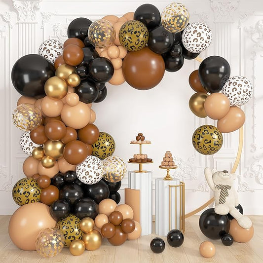 Amandir 153pcs Cheetah Balloons Arch Garland Kit, Different Sizes 18 12 10 5inch Black Dark Light Brown Gold Confetti Leopard Cheetah Print Balloons for Safari Jungle Wild Birthday Party Decorations
