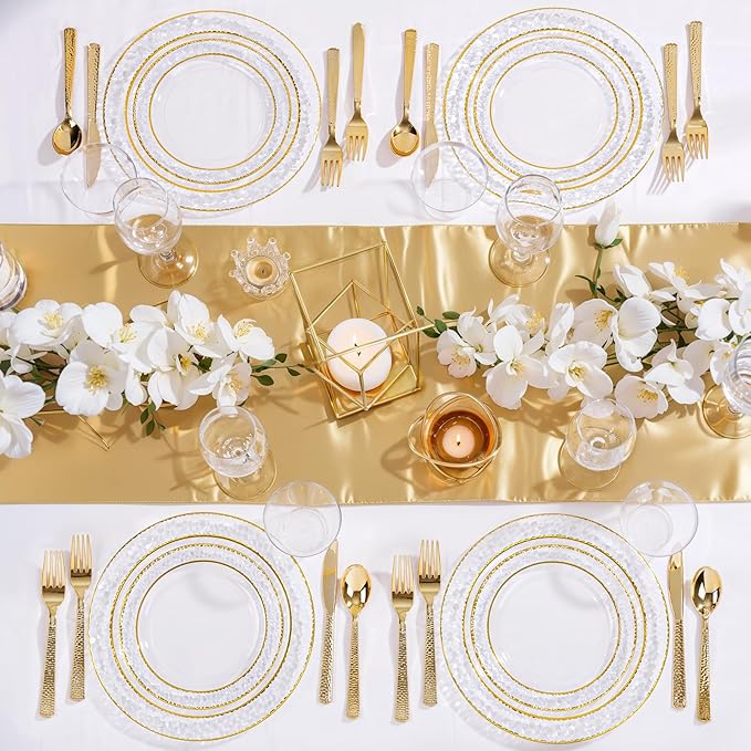 Nervure 102PCS Gold Plastic Plates - Disposable Clear Gold Party Plates Include 51PCS 10.25inch Dinner Plate & 51PCS 7.5inch Dessert Plate Perfect for Wedding & Party & Christmas