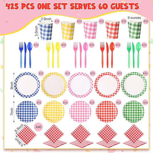 425 Pcs Disposable Gingham Party Supplies Set for 60 Guests - Plaid Paper Plates, Cups, Napkins, Forks, Spoons, Knives & Tablecloth, All-in-One Birthday, BBQ, Picnic, Thanksgiving Dinnerware Kit