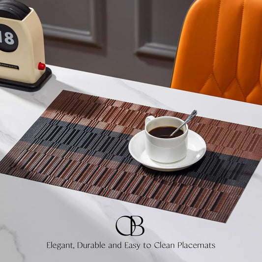 Placemats Set of 4 - Easy Clean Woven Vinyl Placemats for Dining Table, Indoor/Outdoor Place Mats, Washable PVC Table Mats (Ombre Brown Black)