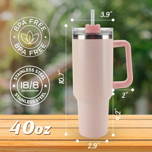 40 oz Tumbler with Handle and Straw Spill Proof Large Travel Coffee Mug Insulated Reusable Stainless Steel Cup with Lid Fit for Car Cup Holder(Rose Quartz)