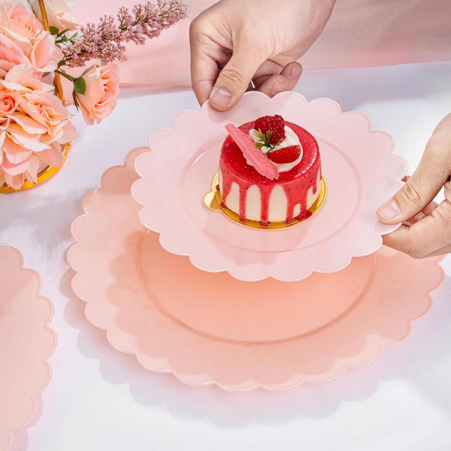 supernal 100pcs Pink Plastic Plates,Heavy Duty Disposable Plates,Party Supplies Include 50 Plastic Dinner & Dessert Plate,Platos Desechables Elegantes,Pink Disposable Plate for Party,Bridal Shower