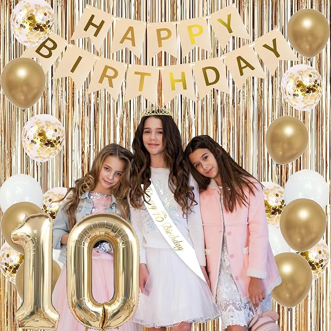 Trgowaul 10th Birthday Decorations for Girls, Banner, Sash and Crown, Cake Topper, 10 Number Balloon, Fringe Curtains, Champagne Gold 10th Birthday Party Supplies