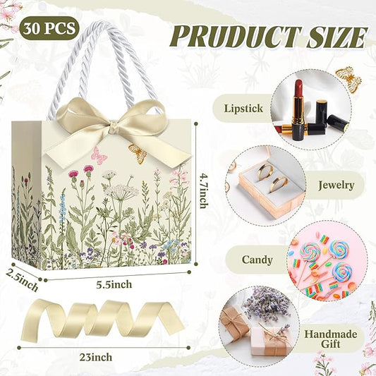 Moinchore 30 Pcs Vintage Wildflower Paper Gift Bags Bulk 5.5 x 4.7 x 2.5 in Mini Flower Plant Favor Bags with Handles Bow Ribbon Wrap for Spring Summer Birthday Home Wedding Party Supplies