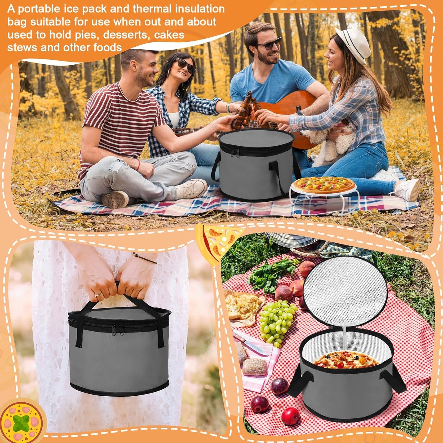 Yaomiao 2 Sets Round Pie Carrier 11 x 7 Inch with Dish Tray Plate Stacker Insulated Casserole Carrier with Lid and Handle Reusable Cooler Thermal Bags for Cold Food for Potluck Picnic (Gray)