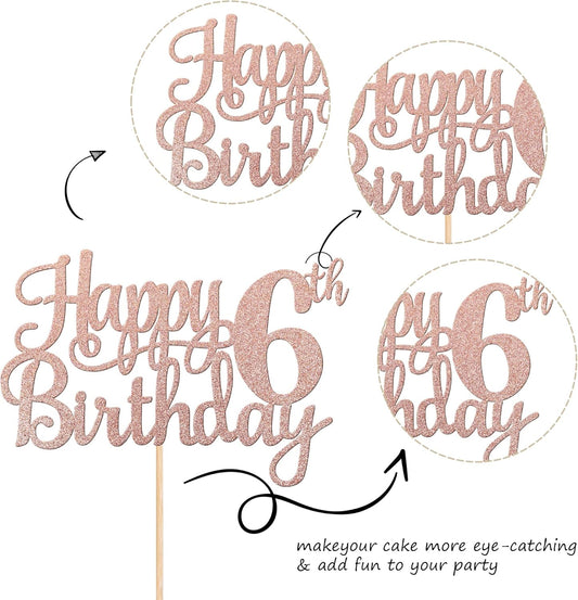 1 PCS Happy 6th Birthday Cake Topper Glitter Cheers to 6 Years Cake Pick Number 6 Fabulous Cake Decoration for 6th Birthday Party Decorations Supplies Rose Gold