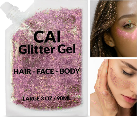 Face, Body & Hair Glitter Gel – Halloween Glitter for Kids and Women – 3 Oz Cosmetic-Grade Gel w/Moon & Stars for Festivals & Halloween Party, Easy Apply & Wash Off - Rose/Stardust Pink 2Pack