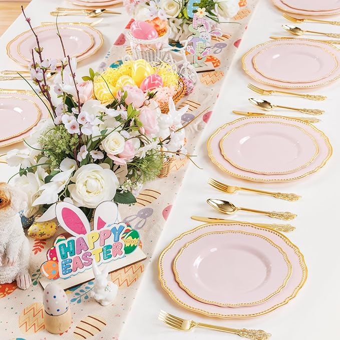 Hioasis 60pcs Pink Plastic Plates - Pink and Gold Disposable Dinnerware with Gold Rim, Heavy-duty, 10.25 inch, Dinner Plates for Party & Easter