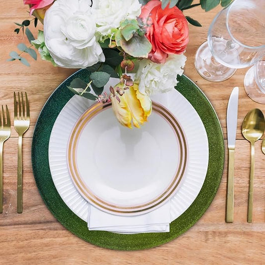 MAONAME Laser Green Charger Plates Set of 12, 13" Round Plate Charger for Dinner Plates, Glitter Plastic Plate Chargers, Table Chargers for Wedding Decor, Party