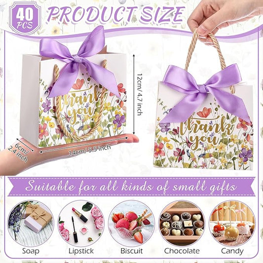 Moinchore 40 Pack Wildflower Thank You Gift Bags with Handles Small Thank You Party Favor Bags with Bow Wedding Welcome Tote for wedding Holiday Bridal Shower Party(Vintage Purple Flowers)