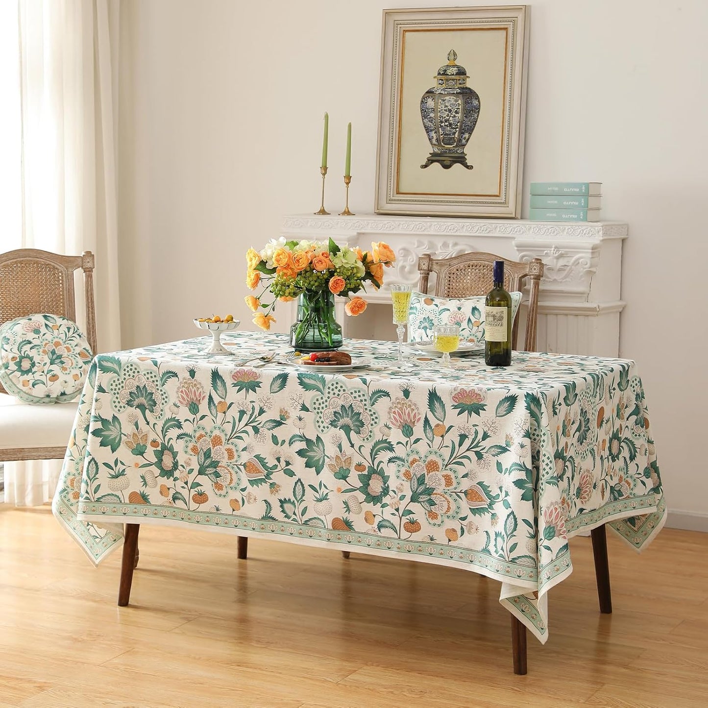 patdrea Designer French Green Table Cloth for Rectangle Table,Vintage Italian Floral Country Linen Extra Long Tablecloth,Decor Cover for Kitchen Dining,Christmas,Thanksgiving,67"x118"-Tree Life