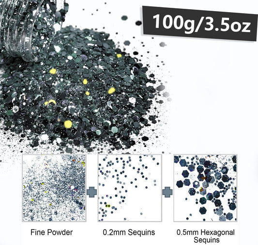 HEMOER Silver Grey Glitter, 100g/3.5oz Holographic Chunky Glitter Mixed Hexagon Chunky & Fine Flakes Iridescent Sequins for Epoxy Crafts, Resin, Nail Body, Tumblers, Festival Party