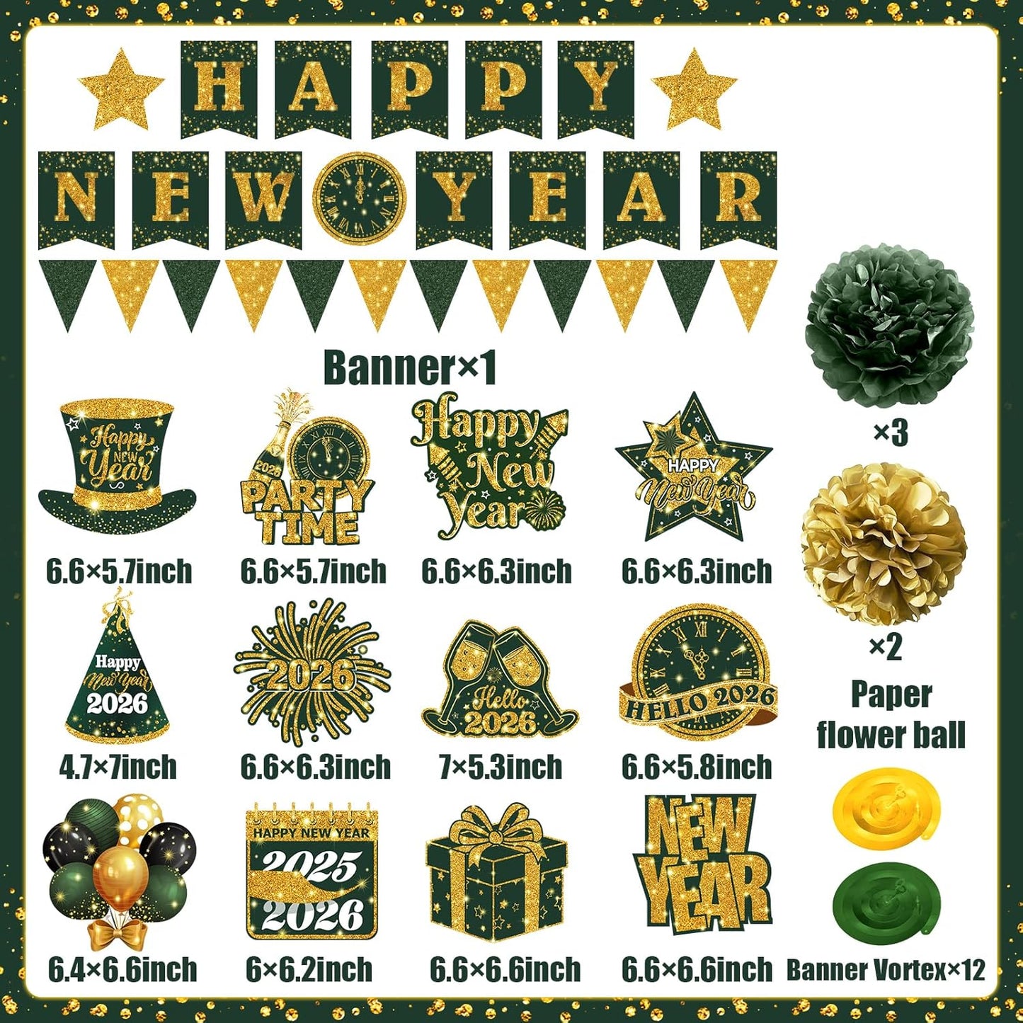 New Years Decorations Hanging Swirls,Green and Gold 2026 New Years Eve Decorations Banner Ceiling Hanging Pom Pom Garland Triangle Flag for Happy New Year Decorations