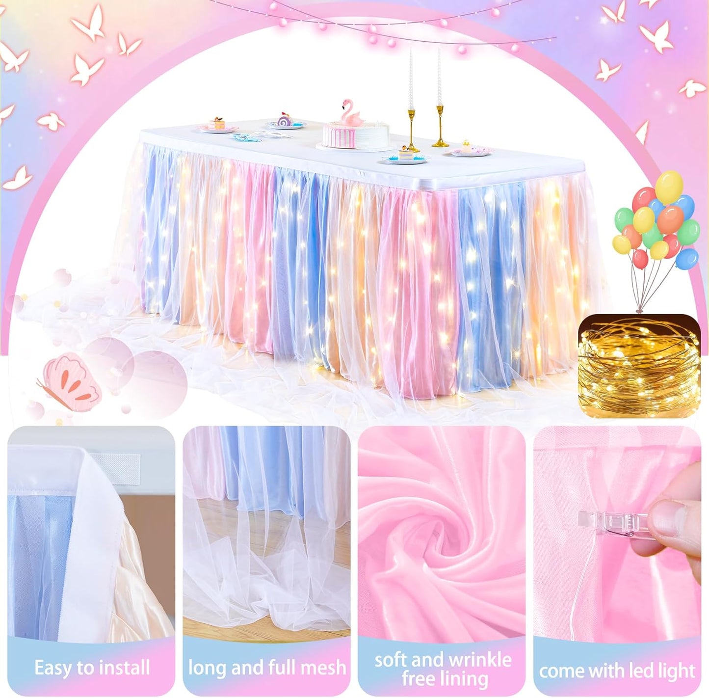 9FT Rainbow Tulle Table Skirt for Rectangle or Round Tables Rainbow Tutu Table Skirt with LED Lights for Princess Birthday Party Baby Shower Gender Reveal Wedding Banquet Cake Dessert Decorations