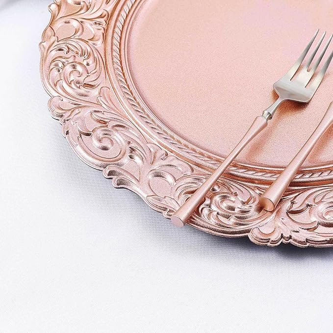 Efavormart Set of 6 ROSE GOLD 14" Round Plastic Charger Plates With Engraved Baroque Design Rim For Wedding Party Events