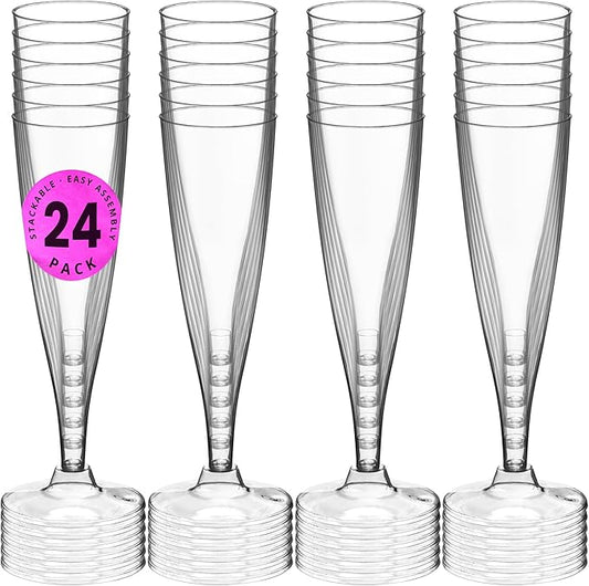 DecorRack 24 Champagne Glasses, 5 Oz -BPA Free- Plastic Flutes, Perfect for Outdoor Parties, Weddings, Hosting, Stackable, Reusable, Disposable Stemmed Cups (Pack of 24)
