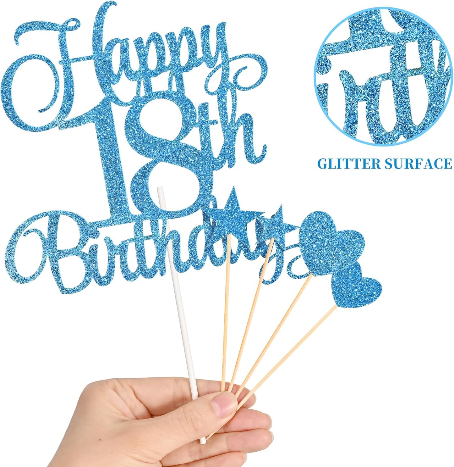 18th Birthday Cake Decorations, 18th Birthday Candles Cake Numeral Candles and Glitter Happy 18th Birthday Cake Toppers Set for Birthday Party Supplies (Blue)