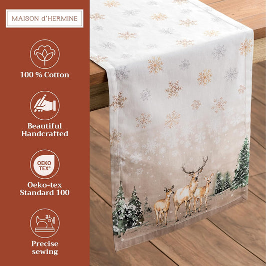 Maison d' Hermine Table Runner 100% Cotton Single Layer Table Runners 72 inches Long for Thanksgiving Christmas Decorations Home Kitchen Dining Party Wedding (Deer in The Woods, 14.5" x 72")