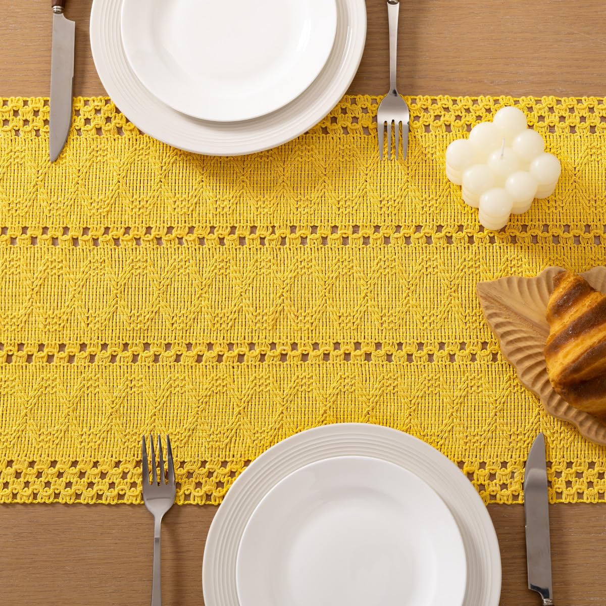 Socomi Boho Table Runner Fall Thanksgiving Farmhouse Rustic Dining Kitchen Centerpiece Decor Small Macrame Woven Cotton Linen Coffee Table Runner for Dresser Scarf Home Decor 12x36 in Yellow Gold