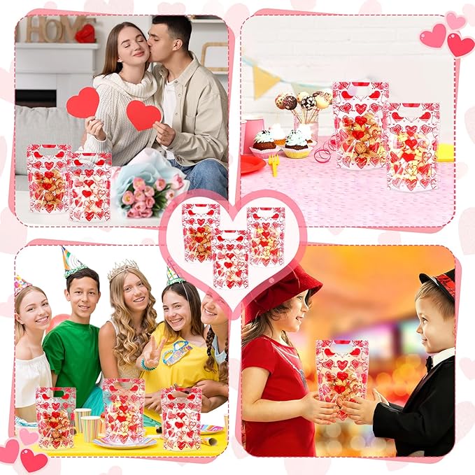 Blosssound 25 Pcs Valentine's Day Gift Bags Resealable Red Love Plastic Bags Happy Valentines Day Favor Pouch with Handle for Wedding Party Candy Gift Wrapping Supplies Decor(Red Valentines)