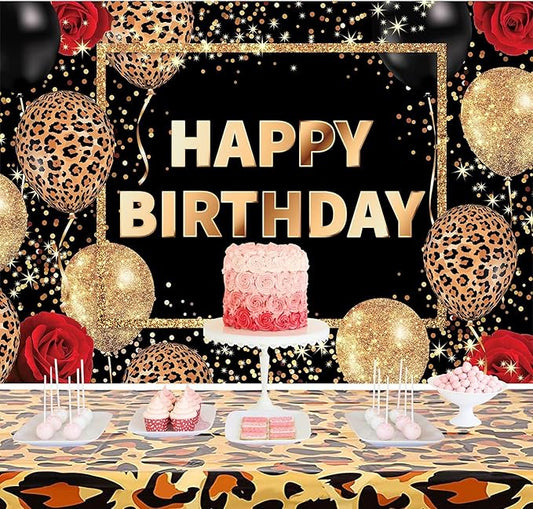 Homewelle Leopard Print Happy Birthday Backdrop 5Wx3H Feet Polyester Fabric Black Gold Red Cheetah Print Banner for Woman Girls Decoration Balloon Rose Cool Photography Background Photo Shoot Props