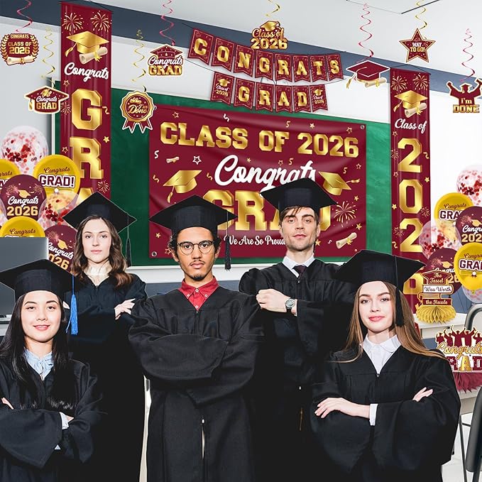 Graduation Decorations Class of 2026 Maroon and Gold Graduation Party Decor Set include Congrats Grad Banner Backdrop Class of 2026 Balloons Party Supplies