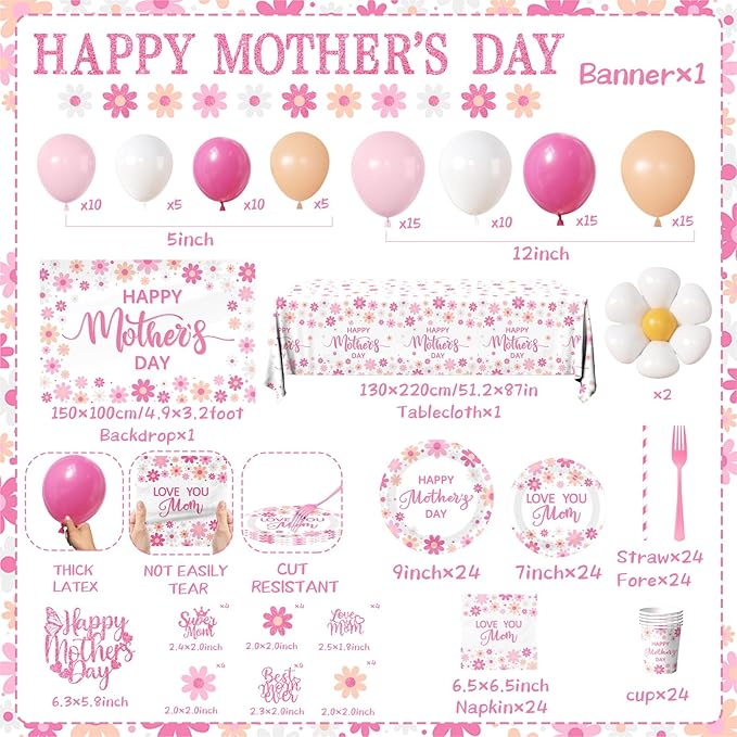 Mothers Day Party Decorations,Pink Daisy Mothers Day Party Tableware Set Paper Plates,Napkins,Banner,Cake Topper Love You Mom Mother's Day Decorations for Happy Mother's Day Supplies Service 24