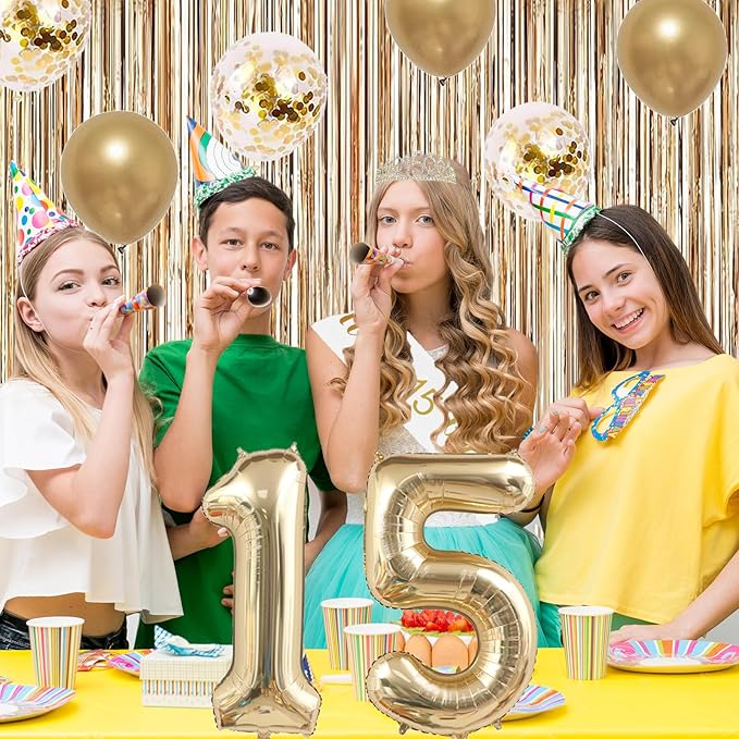 Trgowaul 15th Birthday Decorations for Girls, Banner, Sash and Crown, Cake Topper, 15 Number Balloon, Fringe Curtains, Champagne Gold 15th Birthday Party Supplies