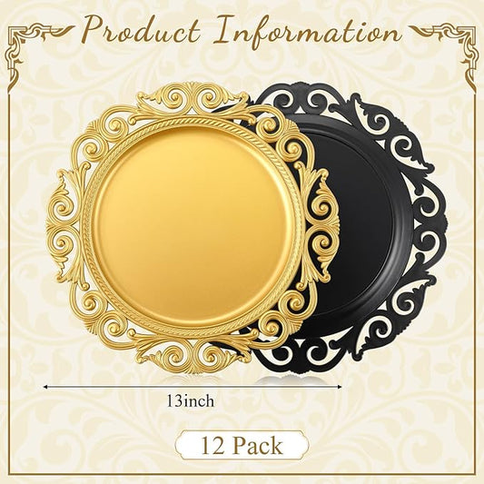 12 Pcs Vintage Gold Charger Plates Bulk 13 Inch Embossed Rim Plastic Round Decorative Plates Charger for Dinner Wedding Party Event Table Setting Decoration (Hollowed out Wave)