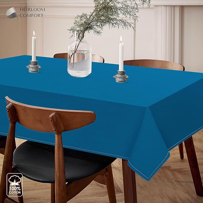 Turquoise Blue Tablecloth, Table Cover 60x84 Inch, 100% Cotton, Fits 6-8 Seats, Durable, Washable, Wrinkle Resistant, Rectangle Table Cloth for Dining, Party, Events, Outdoor Use