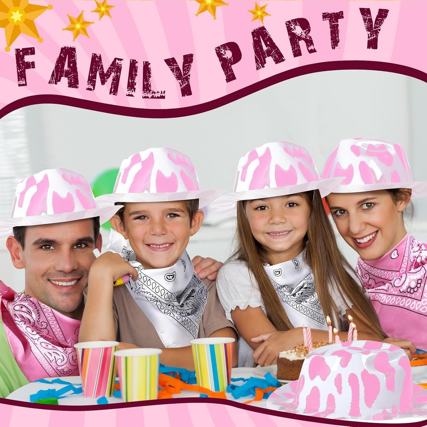 Haysandy 24 Pcs Cow Print Cowgirl Cowboy Hats Bulk with Bandana Felt Cow Party Hats for Women Men Western Costume Party(Pink)