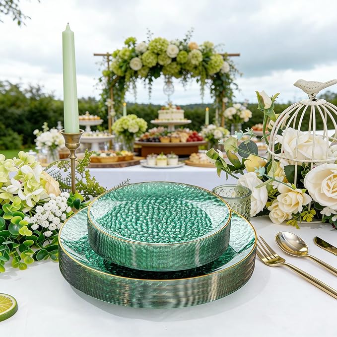 Rubtlamp 60 Green Plastic Plates, Hammered Clear and Gold Disposable Plates Include 30 Dessert Platos, 30 Dinner Platos for St. Patrick's Day