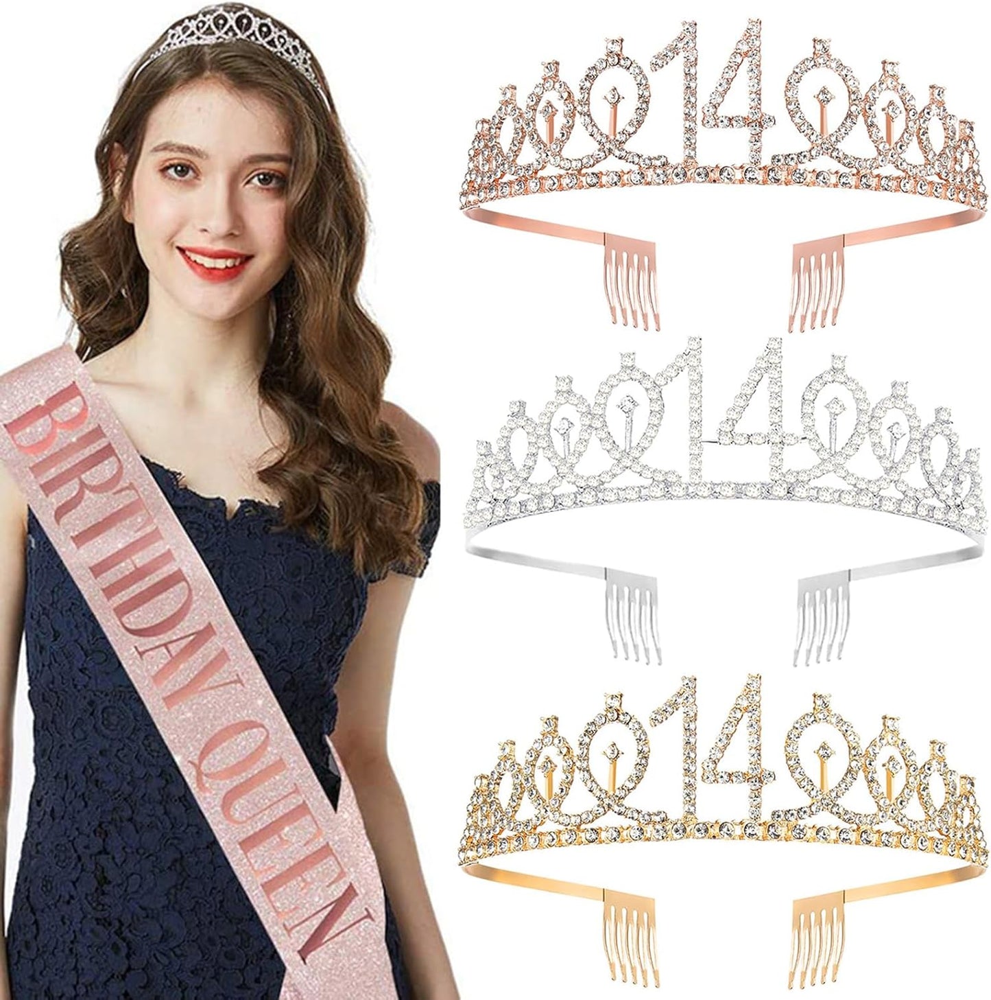 14th Birthday Sash and Tiara, 14 & Fabulous Sash and Tiara Birthday Crown, Happy 14th Birthday Gifts for Party Favors Supplies and Decorations, Gold