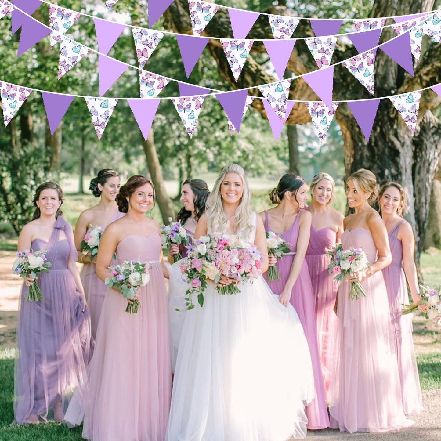 32Ft Pink Purple Butterfly Triangle Flag Fabric Banner Pennant Garland Streamer for Birthday Wedding Baby Shower Lavender Mermaid Girls Tea Party Decor