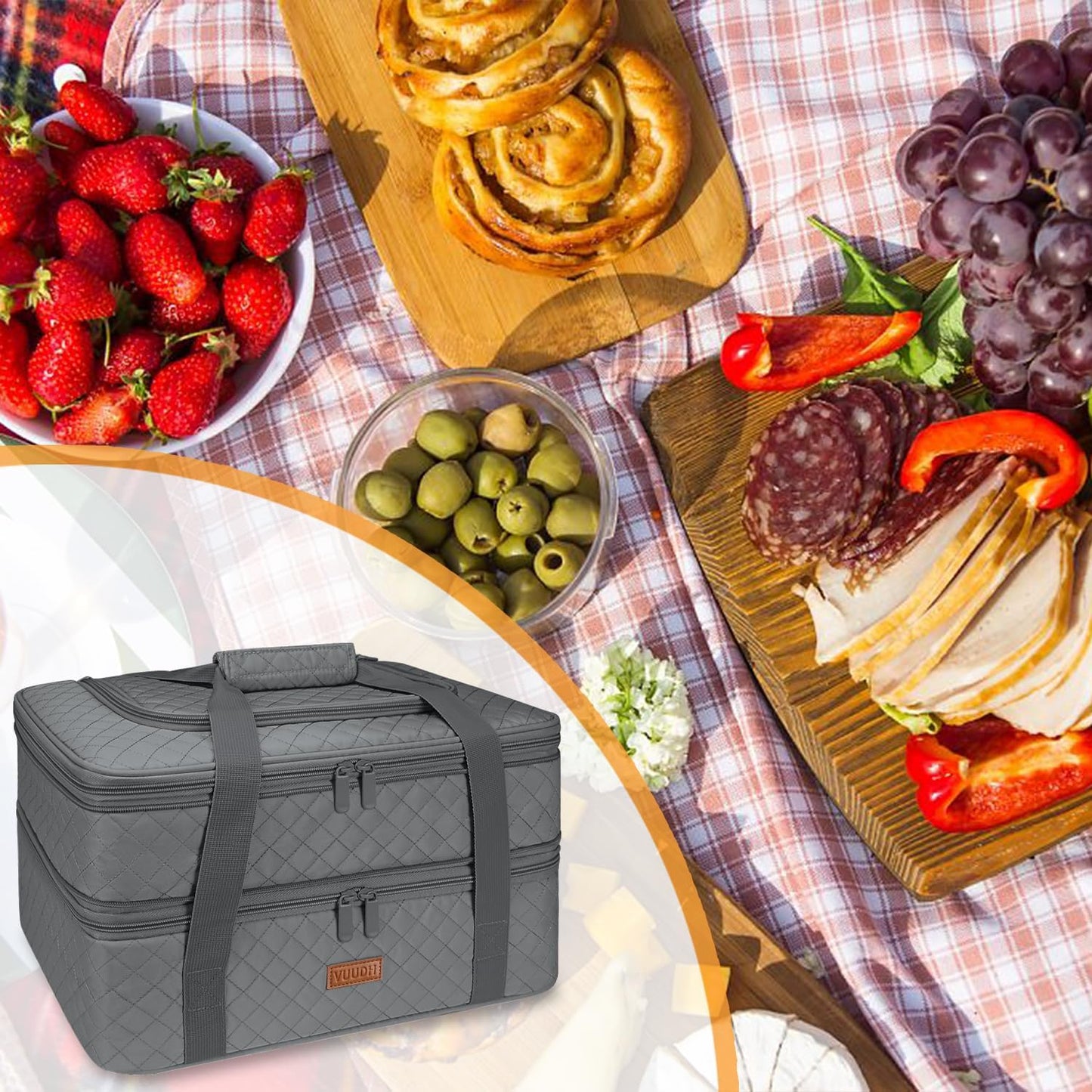 Vuudh Quilted Double Decker Casserole Carrier - Expandable Dish Carrying Case for Hot or Cold Food, Lasagna Holder for Potluck Parties, Picnic, Beach, Fits 9"×13" Baking Dish (Grey)