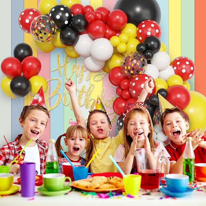 Amandir 153pcs Red Yellow Black Balloon Garland Arch Kit, Different Sizes 18 12 10 5 inch Red Yellow Black Dot Latex Confetti Balloons for Cartoon Mouse Birthday Party Decoration