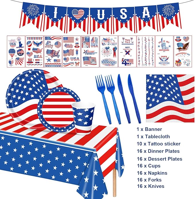 108PCS 4th of July Party Supplies American Flag Tableware Set Forth of July Patriotic Party Decorations Patriotic Paper Plates and Napkins Tablecloth Memorial Independence Day Dinnerware for 16 Guests