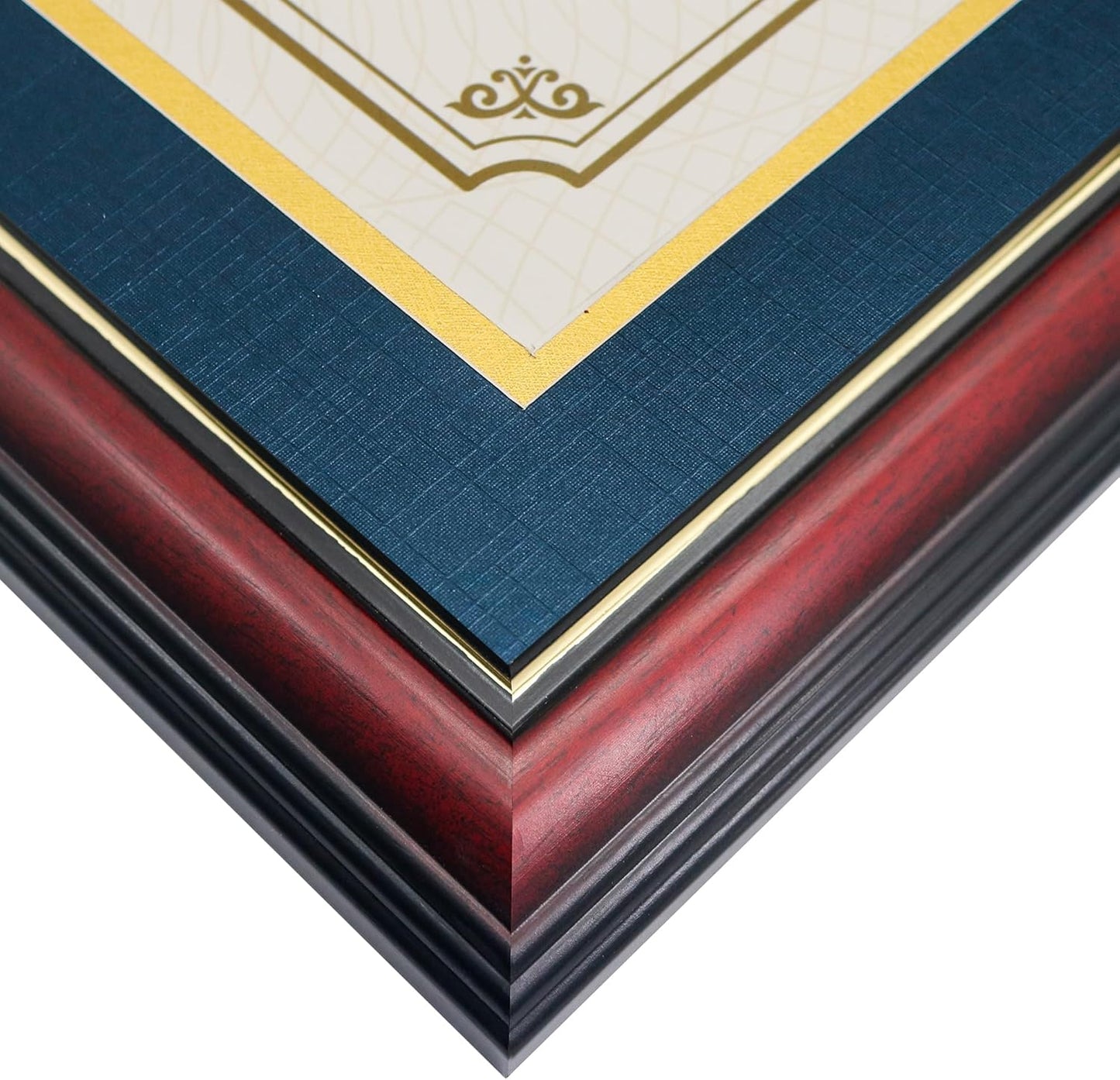 GraduationMall 11x19 Cherry Diploma and Photo Frame for 8.5x11 Certificate,5x7 Picture,Tempered Glass,Navy Blue over Gold Double Mat