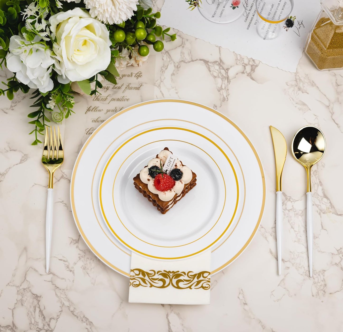N9R 150Pcs Gold Plastic Silverware-Gold Disposable Utensils with White Handle-Disposable Silverware Heavy Duty with 50 Spoons, 50 Forks, 50 Knives for Party,Birthday and Everyday Use