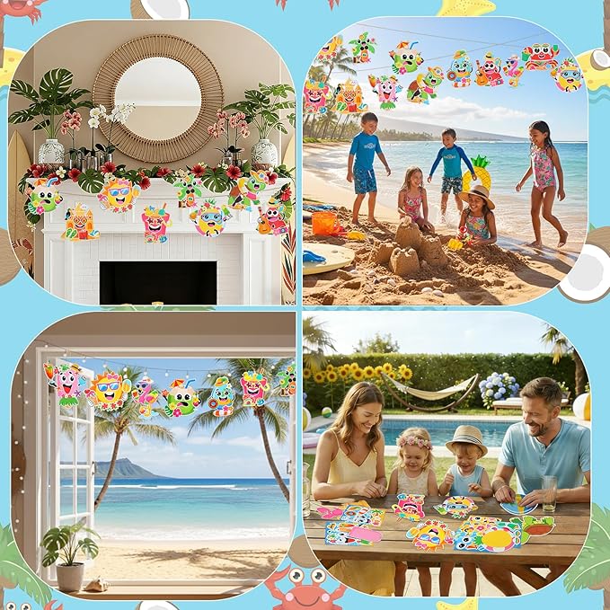 Frienda 48 Set Summer Make a Face Paper Sticker Craft Kit Hawaii Tropical Pool Beach Crafts Make Your Own Pineapple Flamingo Hawaii Sticker for Summer Party Favors Classroom Luau Game Rewards Gift