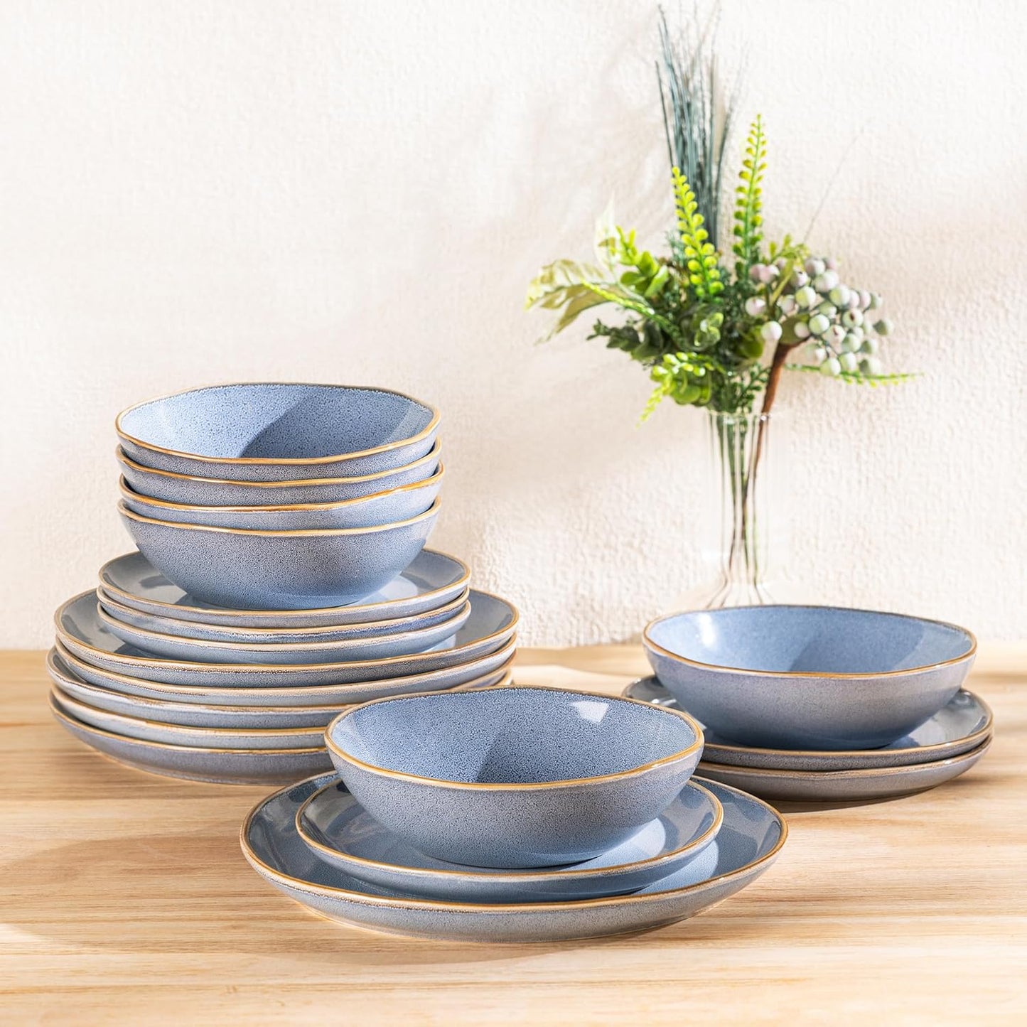AmorArc Ceramic Dinnerware Sets,Handmade Reactive Glaze Stoneware Plates and Bowls Set,Highly Chip and Crack Resistant | Dishwasher & Microwave Safe Dishes Set,Service for 8 (24pc)-Reactive Blue