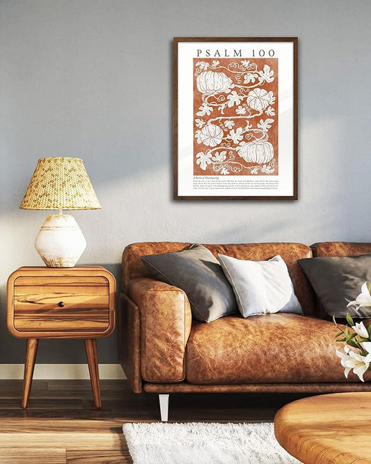 EcoHest Fall Botanical Pumpkins Framed Wall Art, 12x16 in Walnut Color OAK Wood Christian Psalm 100 Canvas Wall Art, Beige Logs A Psalm of Thanksgiving Home Decor Set of 1 for Bedroom Living Room