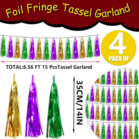4P Gold Green Purple Foil Fringe Tassel Banner Garland Metallic Tinsel Streamers Wall Hanging Curtain Backdrop Banner for Parade Floats, Graduation 2024, Carnival Mardi Gras Party Decorations
