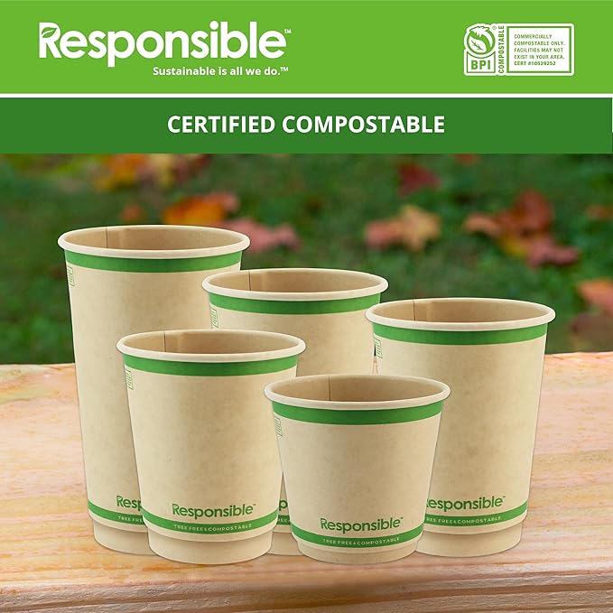 Responsible Products Smooth Insulated Paper Hot Cups (squat), Tree-Less™ Compostable Insulated Coffee Cups, Tree-Free, Made Without PFAS (Natural Brown, 8 oz (100 Count))