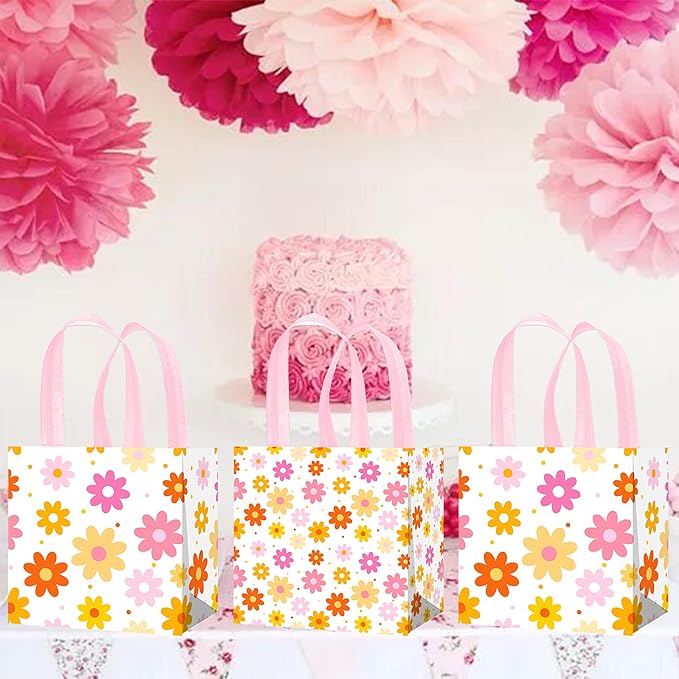 iPartyFun 12pcs Daisy Theme Gift Treat Bags with Handles Groovy Spring Flower Non-Woven Tote Bags 70s Groovy Hippie Chrysanthemum Daisy Decorations for Spring Summer Flower Birthday Wedding Supplies