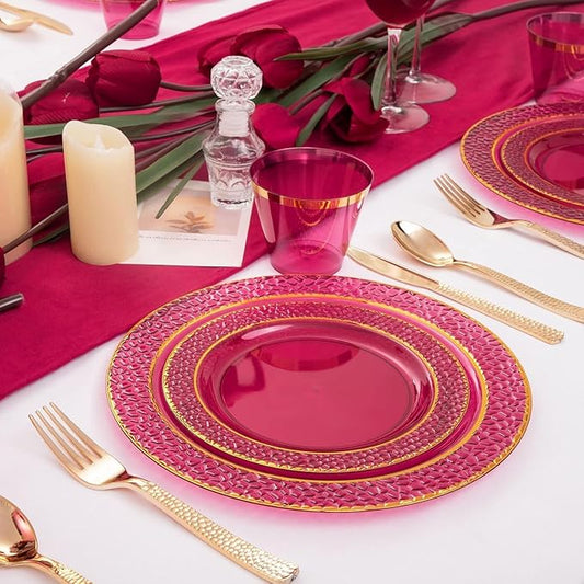 Ciaell 150PCS Clear Red Plastic Plates - Disposable Red and Gold Plates Set include 50Plates, 25Forks, 25Knives, 25Spoons, 25Cups for Wedding & Party & Valentine's Day