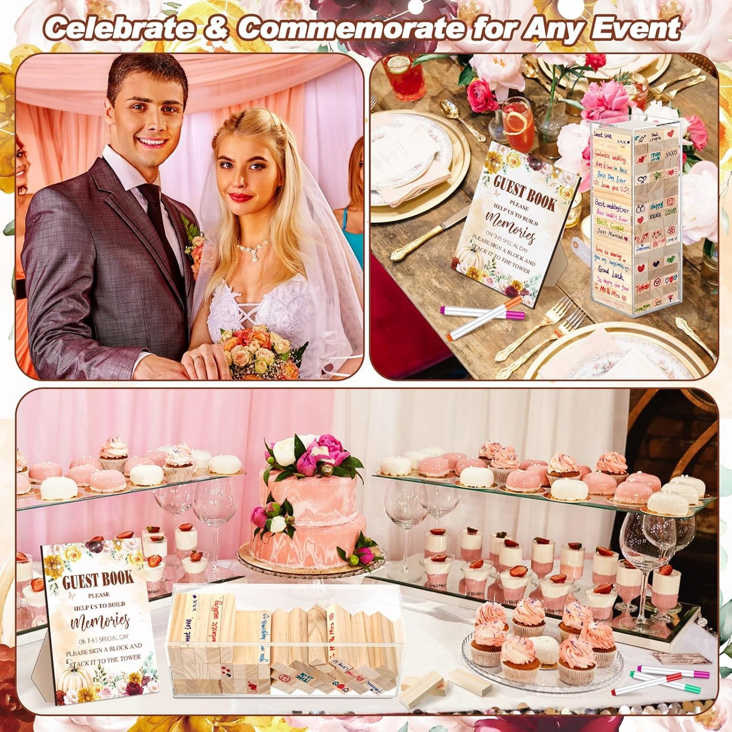 80 Pcs Wedding Guest Book Alternative Wooden Block Guest Book for Wedding Sign in Bridal Shower Decoration Wooden Block Bridal Shower Game for Sign in, Reception (Pumpkin)