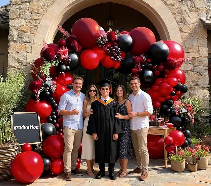Black Red Balloon Garland Double Stuffed Burgundy Black Balloons Maroon Ruby Red Balloon Arch for Birthday Wedding Bridal Bachelorette Mother's Day Graduation Party Decorations