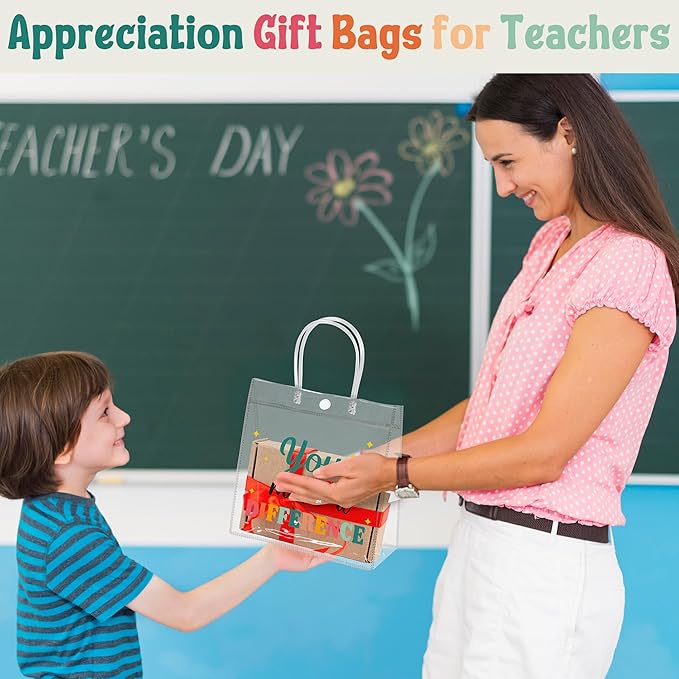 H1vojoxo Employee Appreciation Gift Bags - 24PCS Employee Appreciation Clear PVC Gift Bags with Handle 7.9x3.2x7.9 Inch Reusable Office Team Thank You Gifts Bag for Coworkers Staff Teachers Nurse
